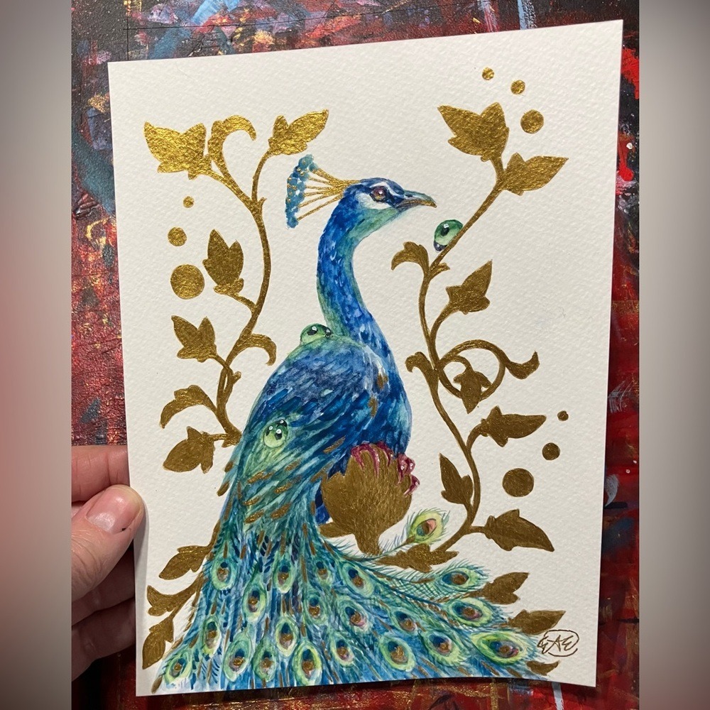 Original painting Peacock bird Art Gold Embellishment surrealism by artist EAE - Picture 4 of 8